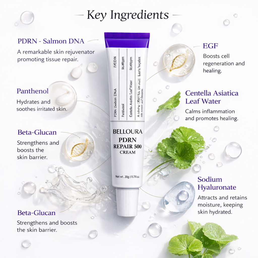 Crème Réparatrice PDRN 500 Belloura – Soin Régénérant & Réparateur (20g)